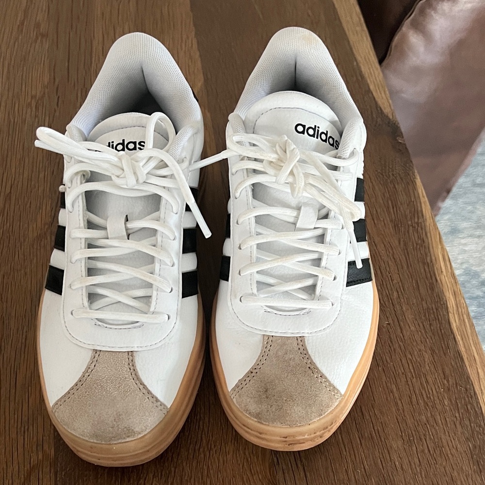 Adidas Gazelle White and Black Sneakers with Tan Soles